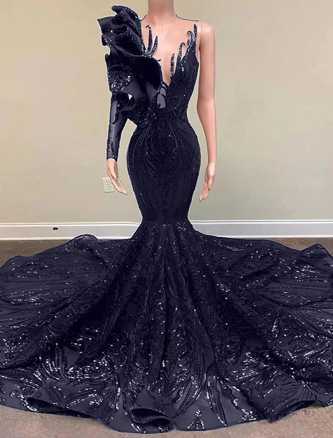 Wholesale Mermaid / Trumpet Evening Gown Elegant Dress Engagement Formal Evening Court Train Long Sleeve One Shoulder Sequined with Sequin